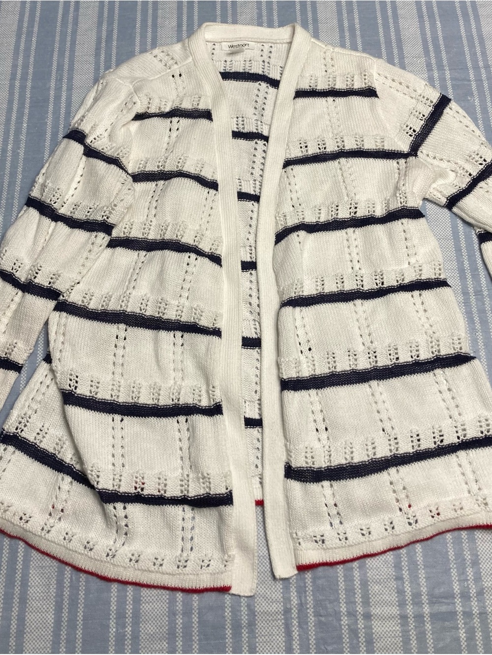 💛TODAY***$12***Westport open white cardigan with blue and red striped accents.